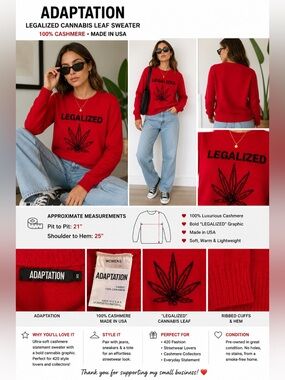 Adaptation Women XS 100% Cashmere Legalized Cannabis Leaf Red Graphic Sweater
